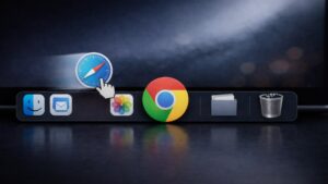 cono de Safari siendo retirado del Dock y Chrome ocupando su lugar, simbolizando el ocaso de Apple