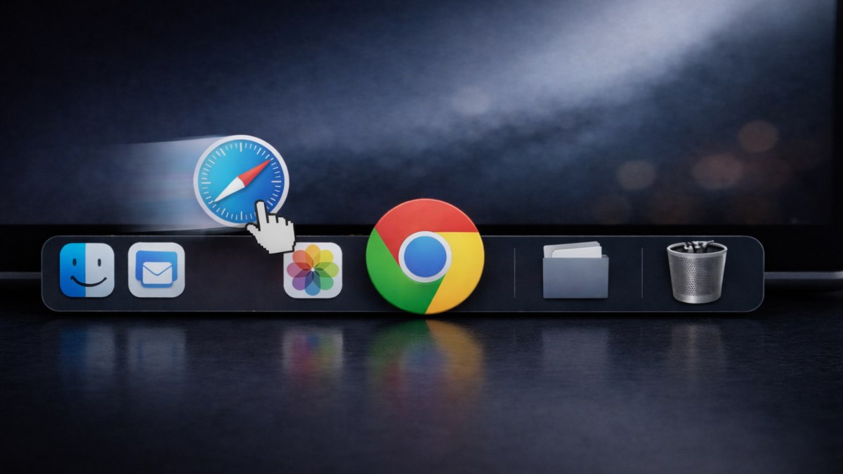 cono de Safari siendo retirado del Dock y Chrome ocupando su lugar, simbolizando el ocaso de Apple