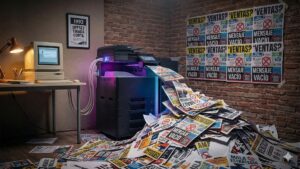 Impresora moderna y Mac antiguo produciendo miles de folletos con mensajes vacíos y errores.