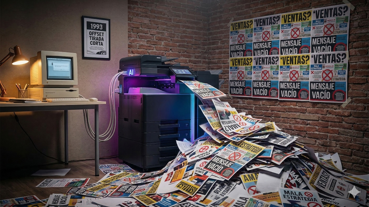 Impresora moderna y Mac antiguo produciendo miles de folletos con mensajes vacíos y errores.